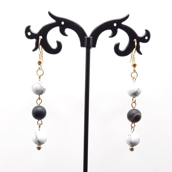 Howlite & Black Striped Agate Chakra Gemstone Dangle Earrings Handmade Jewelry - Picture 4 of 7